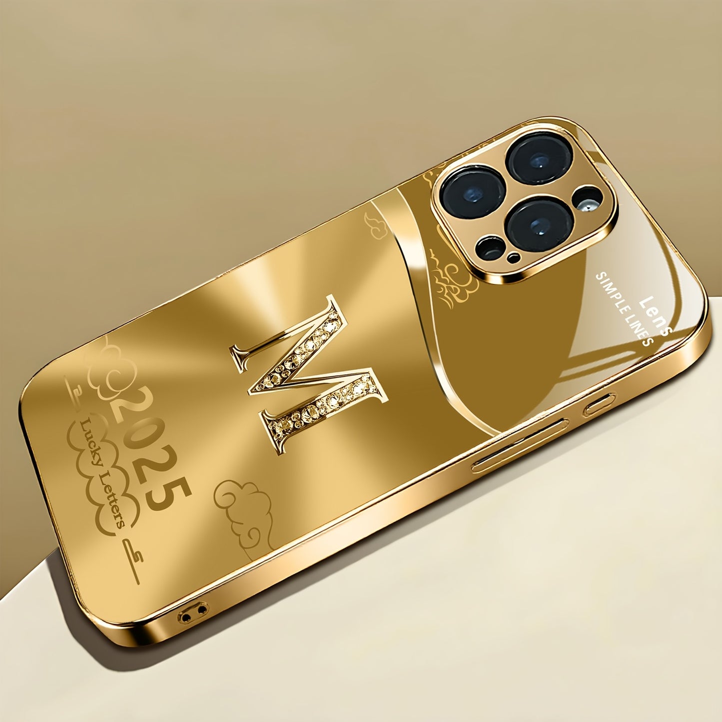 Light Luxury Fashion Auspicious Cloud Letter M Pattern Golden Plated Phone Case, Suitable for iPhone 16/16 Pro/16 Plus/16 Pro Max/15/15 Pro/15 Pro Max/14/14 Pro/14 Plus/14 Pro Max/13/13 Pro/13 Pro Max/13 Mini/12/11, Full Cove