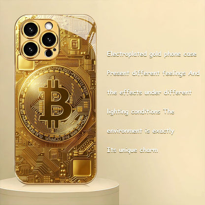 Creative Circuit Gold Bitcoin New Electroplated Gold Tempered Glass Phone Case for iPhone 16,15,14,13,12/iPhone 16,15,14,13,12 Plus/iPhone 16,15,14,13,12 Pro/iPhone 16,15,14,13,12 Pro Max/iPhone 11/11 Pro/11 Pro Max Full Cove