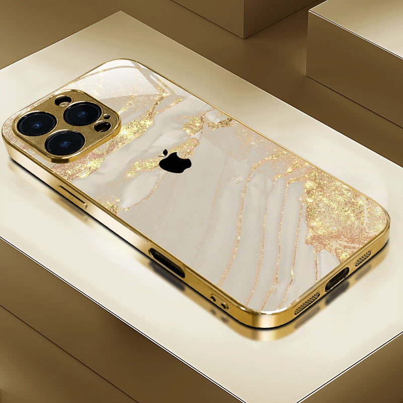 High-End Elegant Apple Pattern Electroplated Tempered Glass Phone Case for iPhone 16/16 Pro /15, etc, Fancy Phone Case, Premium Phone Accessory, Stylish Phone Cover, Sleek Phone Cover, Elegant Design, Uv Printed Design, Scrat