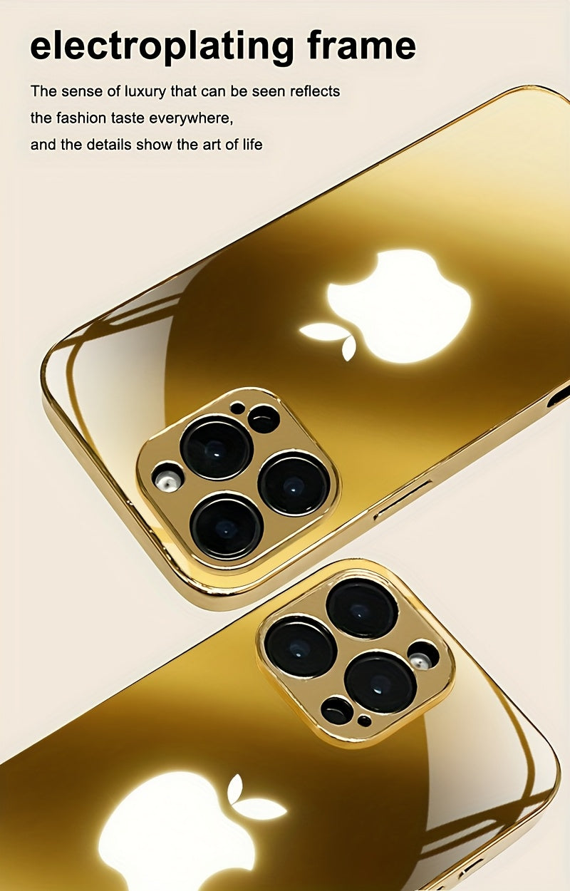 Premium Metal Texture Golden-Plated Apple Design Phone Case for iPhone 16/16 Pro/16 Plus/16 Pro Max/15/15 Pro/15 Pro Max/14/14 Pro/14 Plus/14 Pro Max/13/13 Pro/13 Pro Max/13 Mini/12/11, Full Coverage Tempered Glass Protection