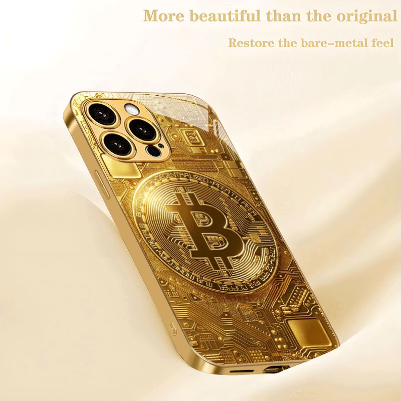 Creative Circuit Gold Bitcoin New Electroplated Gold Tempered Glass Phone Case for iPhone 16,15,14,13,12/iPhone 16,15,14,13,12 Plus/iPhone 16,15,14,13,12 Pro/iPhone 16,15,14,13,12 Pro Max/iPhone 11/11 Pro/11 Pro Max Full Cove