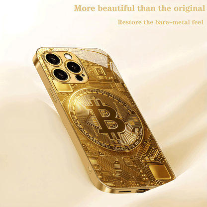 Creative Circuit Gold Bitcoin New Electroplated Gold Tempered Glass Phone Case for iPhone 16,15,14,13,12/iPhone 16,15,14,13,12 Plus/iPhone 16,15,14,13,12 Pro/iPhone 16,15,14,13,12 Pro Max/iPhone 11/11 Pro/11 Pro Max Full Cove