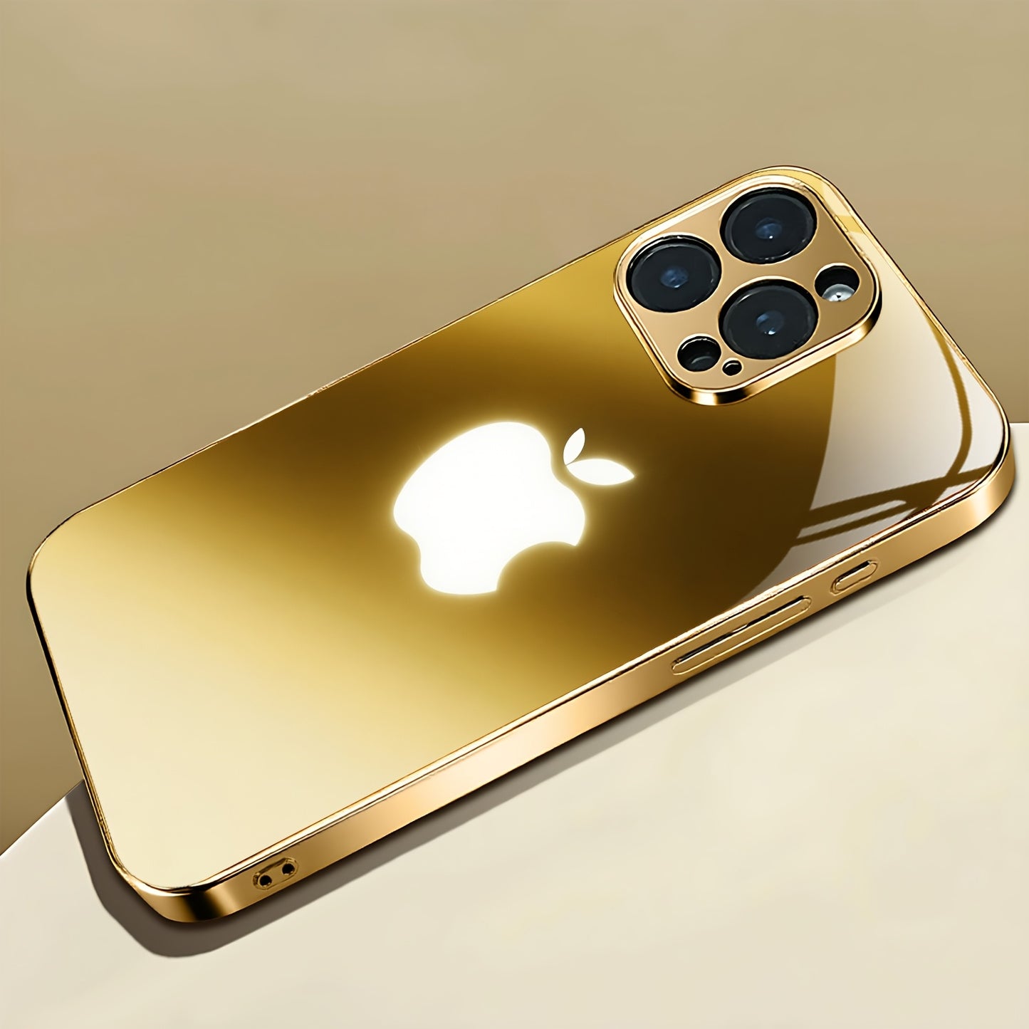 Premium Metal Texture Golden-Plated Apple Design Phone Case for iPhone 16/16 Pro/16 Plus/16 Pro Max/15/15 Pro/15 Pro Max/14/14 Pro/14 Plus/14 Pro Max/13/13 Pro/13 Pro Max/13 Mini/12/11, Full Coverage Tempered Glass Protection