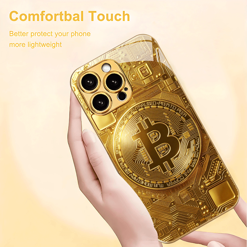 Creative Circuit Gold Bitcoin New Electroplated Gold Tempered Glass Phone Case for iPhone 16,15,14,13,12/iPhone 16,15,14,13,12 Plus/iPhone 16,15,14,13,12 Pro/iPhone 16,15,14,13,12 Pro Max/iPhone 11/11 Pro/11 Pro Max Full Cove