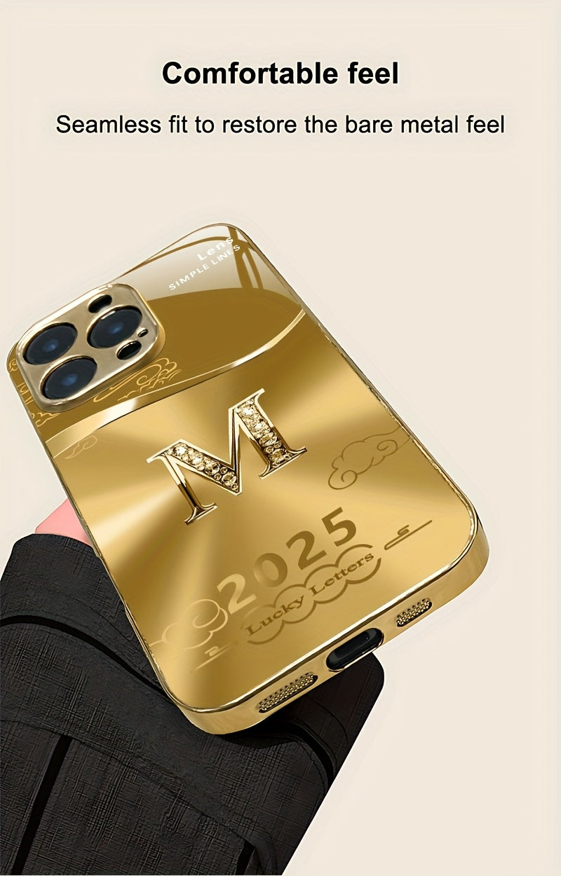 Light Luxury Fashion Auspicious Cloud Letter M Pattern Golden Plated Phone Case, Suitable for iPhone 16/16 Pro/16 Plus/16 Pro Max/15/15 Pro/15 Pro Max/14/14 Pro/14 Plus/14 Pro Max/13/13 Pro/13 Pro Max/13 Mini/12/11, Full Cove