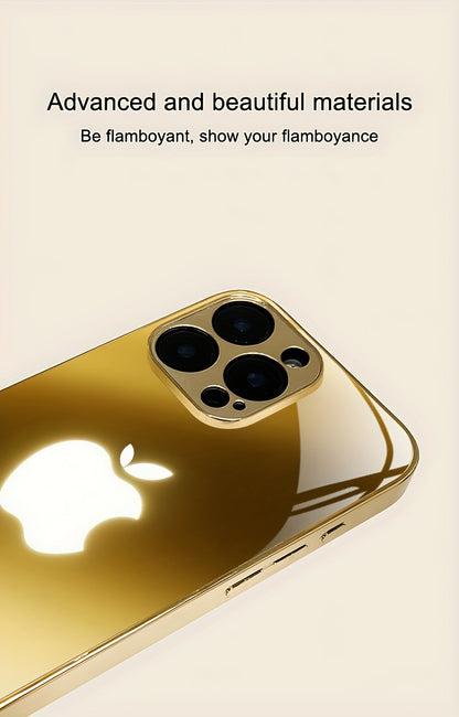 Premium Metal Texture Golden-Plated Apple Design Phone Case for iPhone 16/16 Pro/16 Plus/16 Pro Max/15/15 Pro/15 Pro Max/14/14 Pro/14 Plus/14 Pro Max/13/13 Pro/13 Pro Max/13 Mini/12/11, Full Coverage Tempered Glass Protection