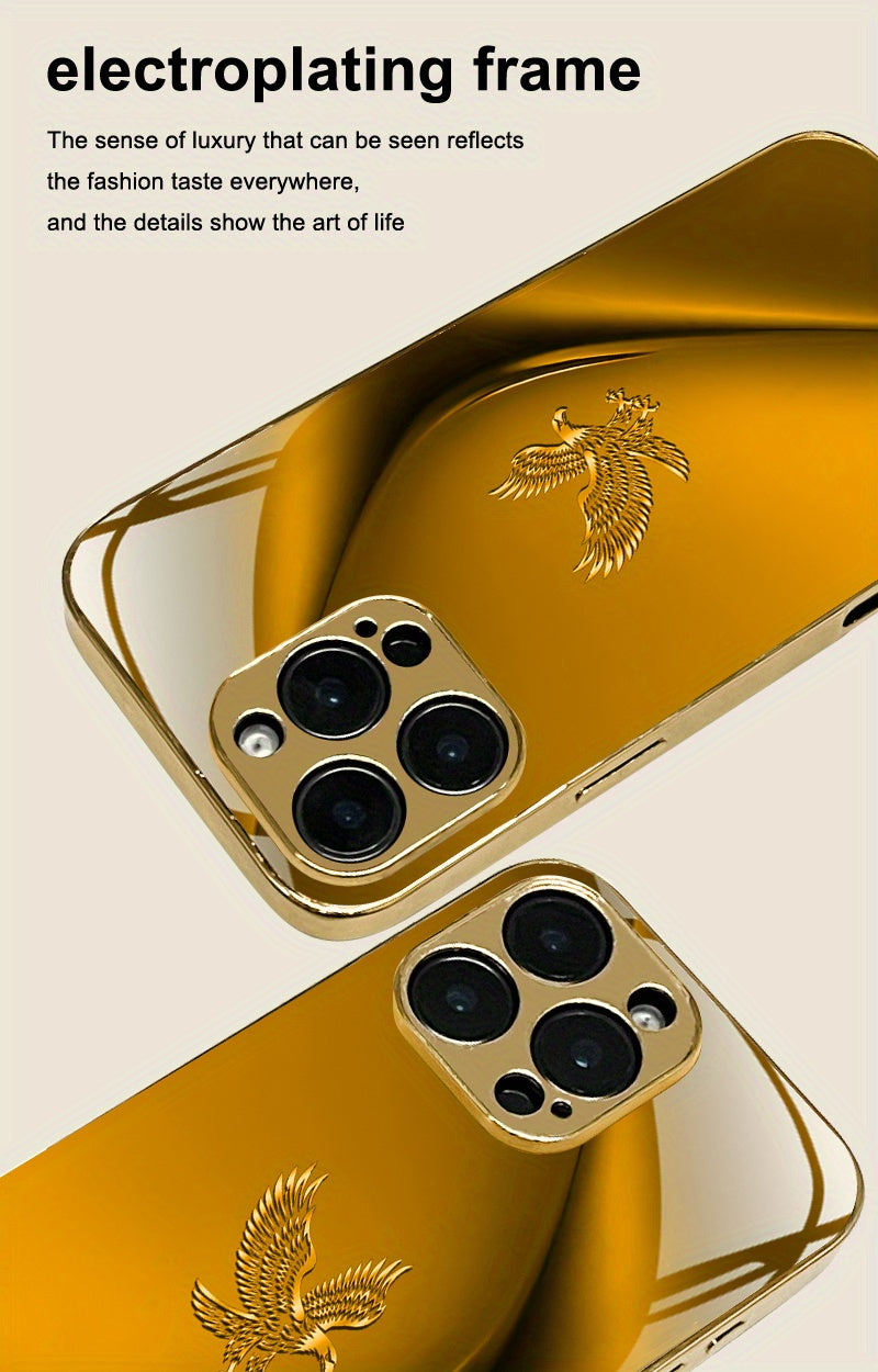 Simple Lines Eagle Pattern Golden Electroplated Mobile Phone Case, Suitable for Iphone 16/16 Pro/16 Plus/16 Pro Max/15/15 Pro/15 Pro Max/14/14 Pro/14 PLUS/14 Pro Max/13/13 Pro/13 Pro Max/13 Mini/12/11, Full Coverage Tempered