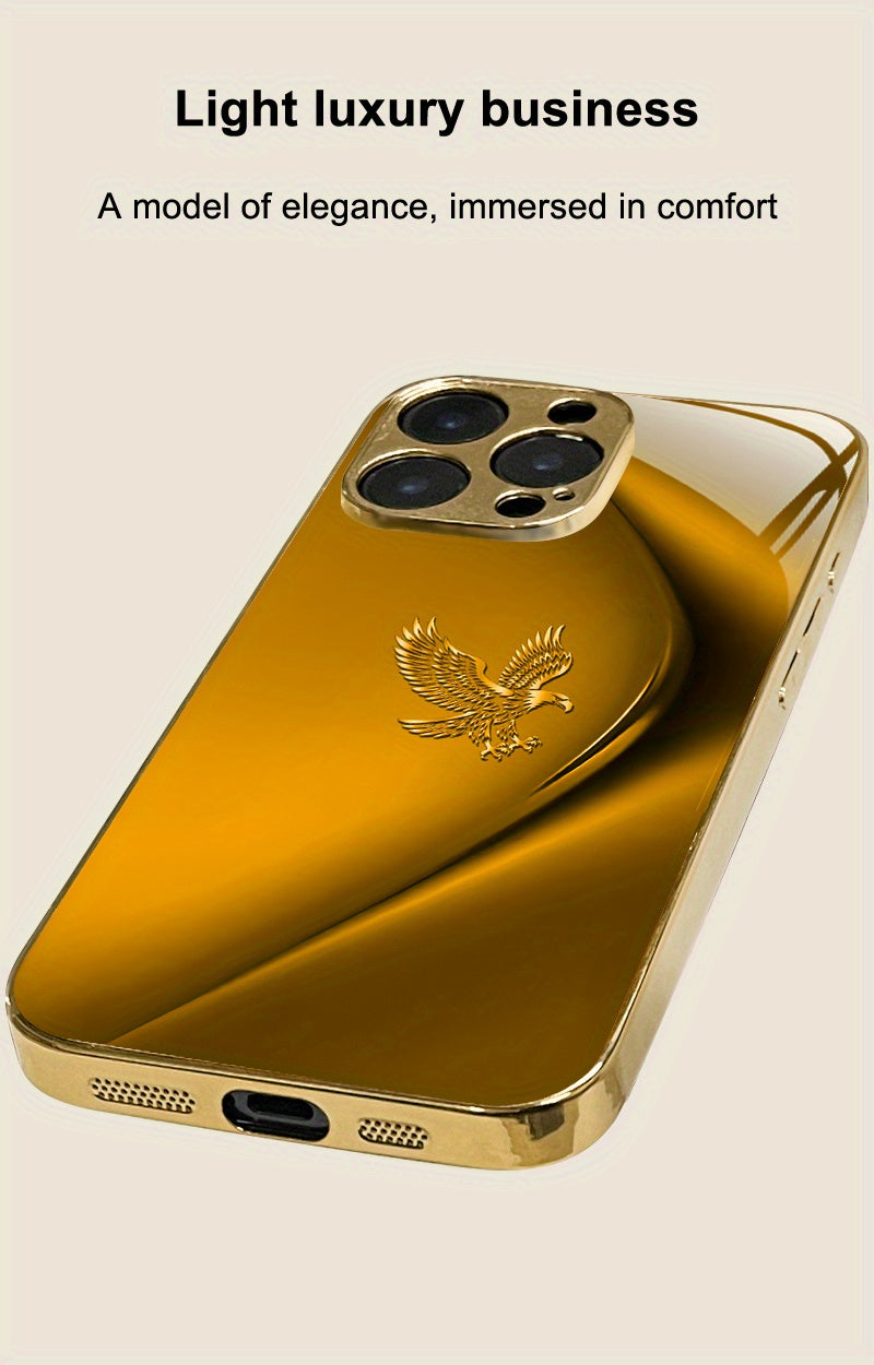 Simple Lines Eagle Pattern Golden Electroplated Mobile Phone Case, Suitable for Iphone 16/16 Pro/16 Plus/16 Pro Max/15/15 Pro/15 Pro Max/14/14 Pro/14 PLUS/14 Pro Max/13/13 Pro/13 Pro Max/13 Mini/12/11, Full Coverage Tempered