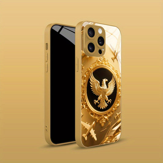 A High-End Glass Phone Case Featuring a Collage of a Golden Eagle And Airplane, Compatible with for iphone 16 Pro Max/16E/15 Pro/14 Plus/13 Pro Max/12/11 Pro. It'S Trendy, Stylish, Visually Appealing, And Offers a Premium