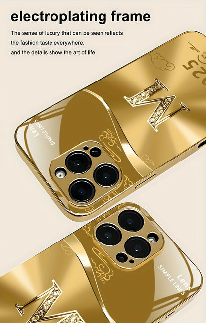 Light Luxury Fashion Auspicious Cloud Letter M Pattern Golden Plated Phone Case, Suitable for iPhone 16/16 Pro/16 Plus/16 Pro Max/15/15 Pro/15 Pro Max/14/14 Pro/14 Plus/14 Pro Max/13/13 Pro/13 Pro Max/13 Mini/12/11, Full Cove