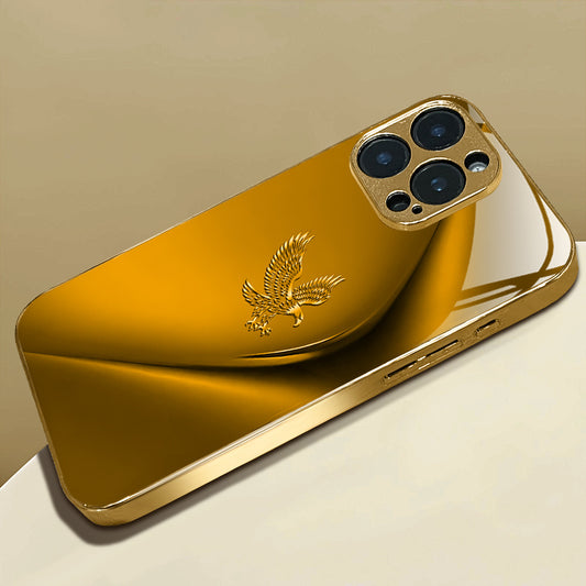 Simple Lines Eagle Pattern Golden Electroplated Mobile Phone Case, Suitable for Iphone 16/16 Pro/16 Plus/16 Pro Max/15/15 Pro/15 Pro Max/14/14 Pro/14 PLUS/14 Pro Max/13/13 Pro/13 Pro Max/13 Mini/12/11, Full Coverage Tempered