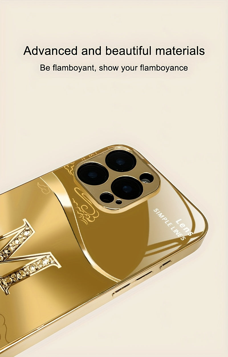 Light Luxury Fashion Auspicious Cloud Letter M Pattern Golden Plated Phone Case, Suitable for iPhone 16/16 Pro/16 Plus/16 Pro Max/15/15 Pro/15 Pro Max/14/14 Pro/14 Plus/14 Pro Max/13/13 Pro/13 Pro Max/13 Mini/12/11, Full Cove