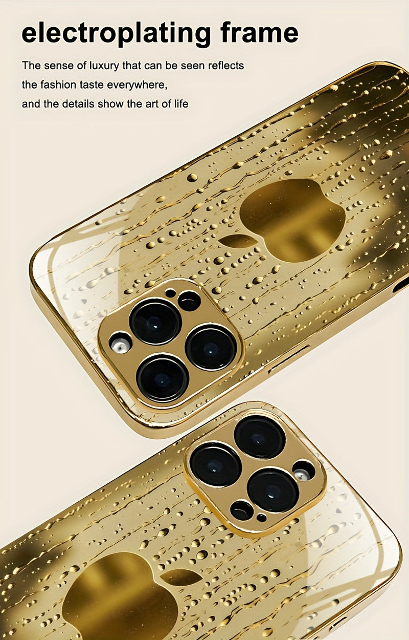 A Golden-Plated Phone Case with an Apple Pattern, Compatible with for iphone 16/16 Pro/16 Plus/16 Pro Max/15/15 Pro/15 Pro Max/14/14 Pro/14 Plus/14 Pro Max/13/13 Pro/13 Pro Max/13 Mini/12/11. It Features a Full-Cover Tempered