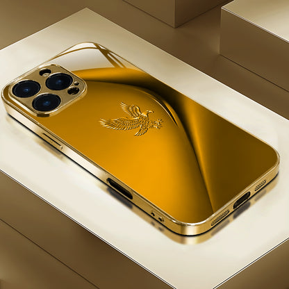 Simple Lines Eagle Pattern Golden Electroplated Mobile Phone Case, Suitable for Iphone 16/16 Pro/16 Plus/16 Pro Max/15/15 Pro/15 Pro Max/14/14 Pro/14 PLUS/14 Pro Max/13/13 Pro/13 Pro Max/13 Mini/12/11, Full Coverage Tempered