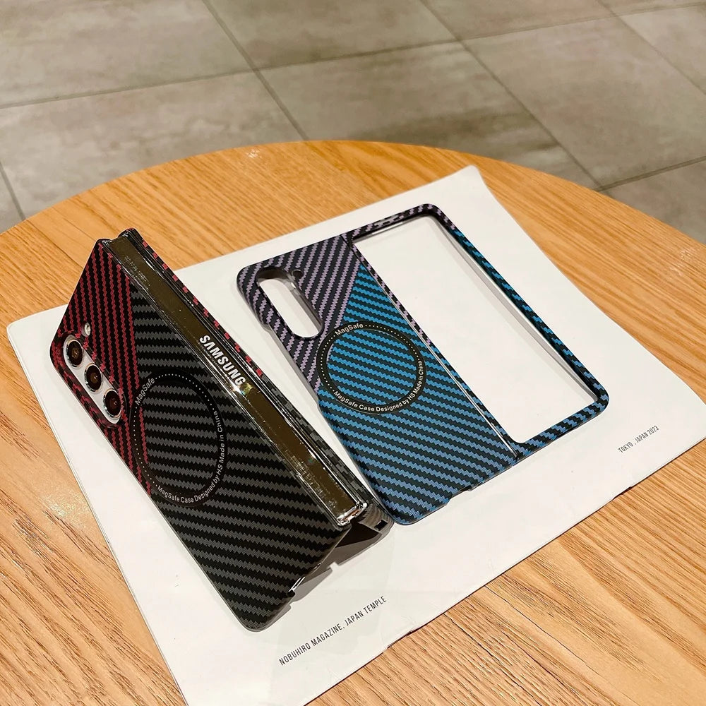 Carbon Fiber Pattern Magsafe Phone Case For Samsung Galaxy Z Fold 5 4 3 Slim Hard PC Cover