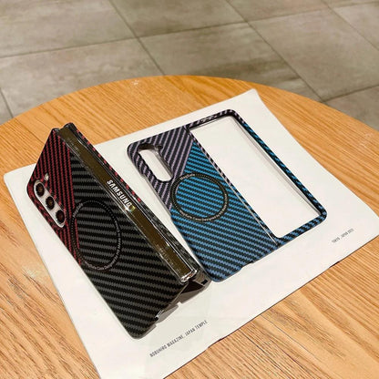 Carbon Fiber Pattern Magsafe Phone Case For Samsung Galaxy Z Fold 5 4 3 Slim Hard PC Cover - IDefend