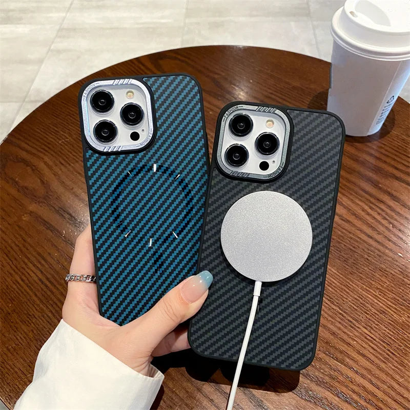 Carbon fiber striped magnetic phone case For iPhone