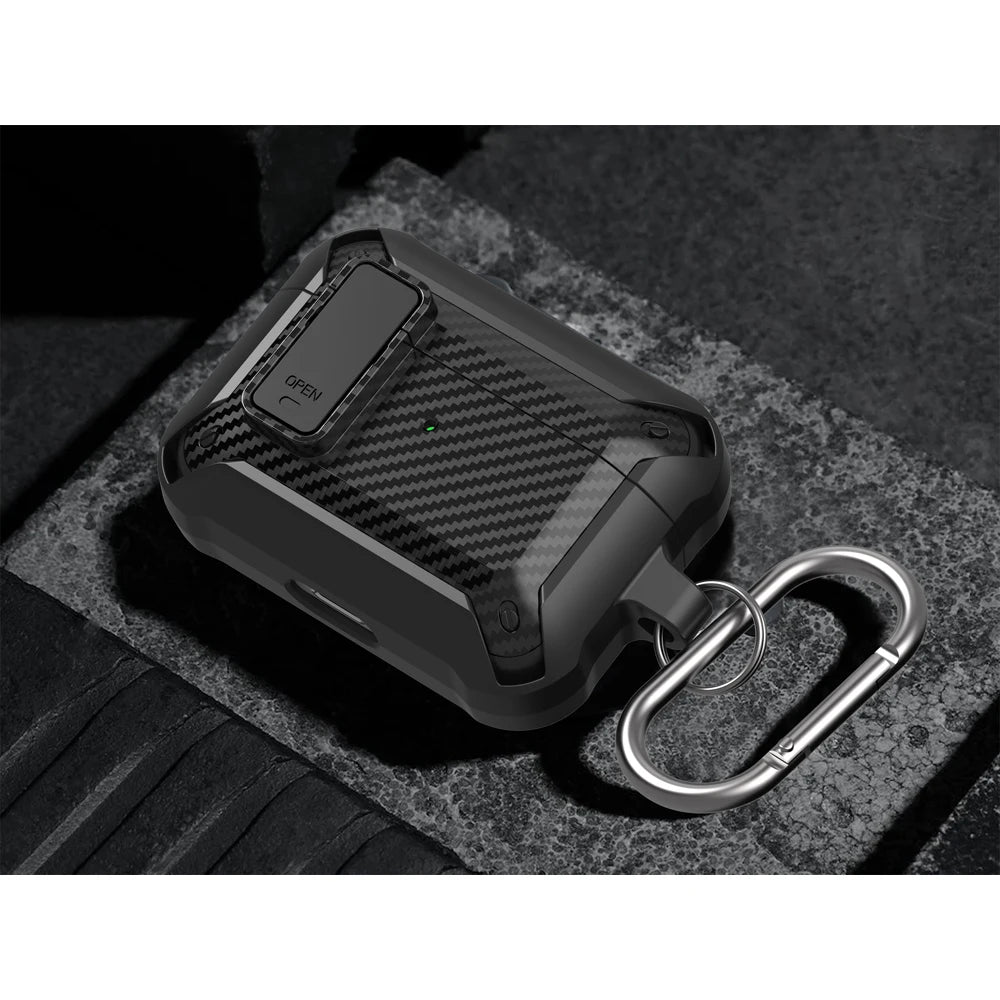 Security Lock Cover For Airpods Pro 2 Case Luxury Carbon Fibre Switch Earphone Case With Keychain For Airpods 4 3 Shockproof Box