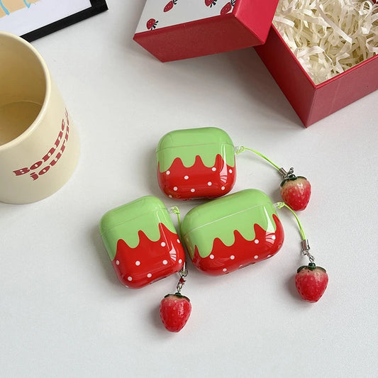 Cute Lovely White Polka Point Red Strawberry Glossy Shockproof Protective Cover Case For AirPods 4 3 Pro 2 1 with Charm Pendant