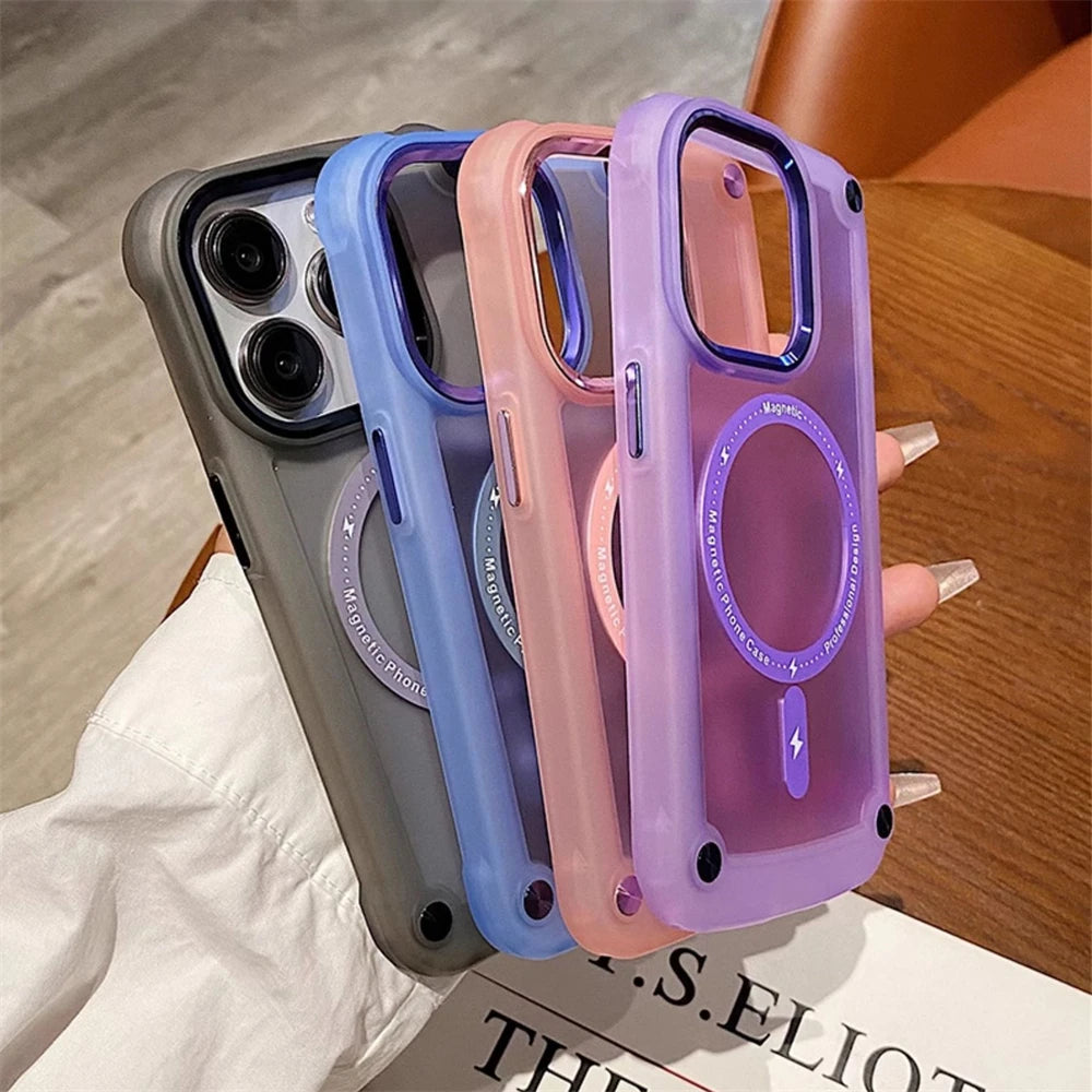 Magnetic Luxury Matte Translucent Armor Shockproof Case For iPhone 114 12 13 15 Pro Max Plus For Magsafe Wireless Charging Cover