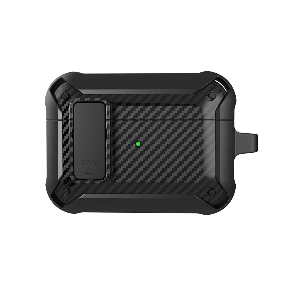 Security Lock Cover For Airpods Pro 2 Case Luxury Carbon Fibre Switch Earphone Case With Keychain For Airpods 4 3 Shockproof Box