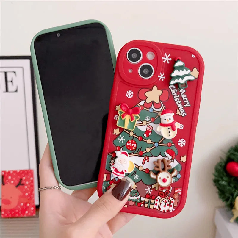 Ottwn 3D Cartoon Elk Santa Claus Tree Christmas Phone Case For iPhone - IDefend