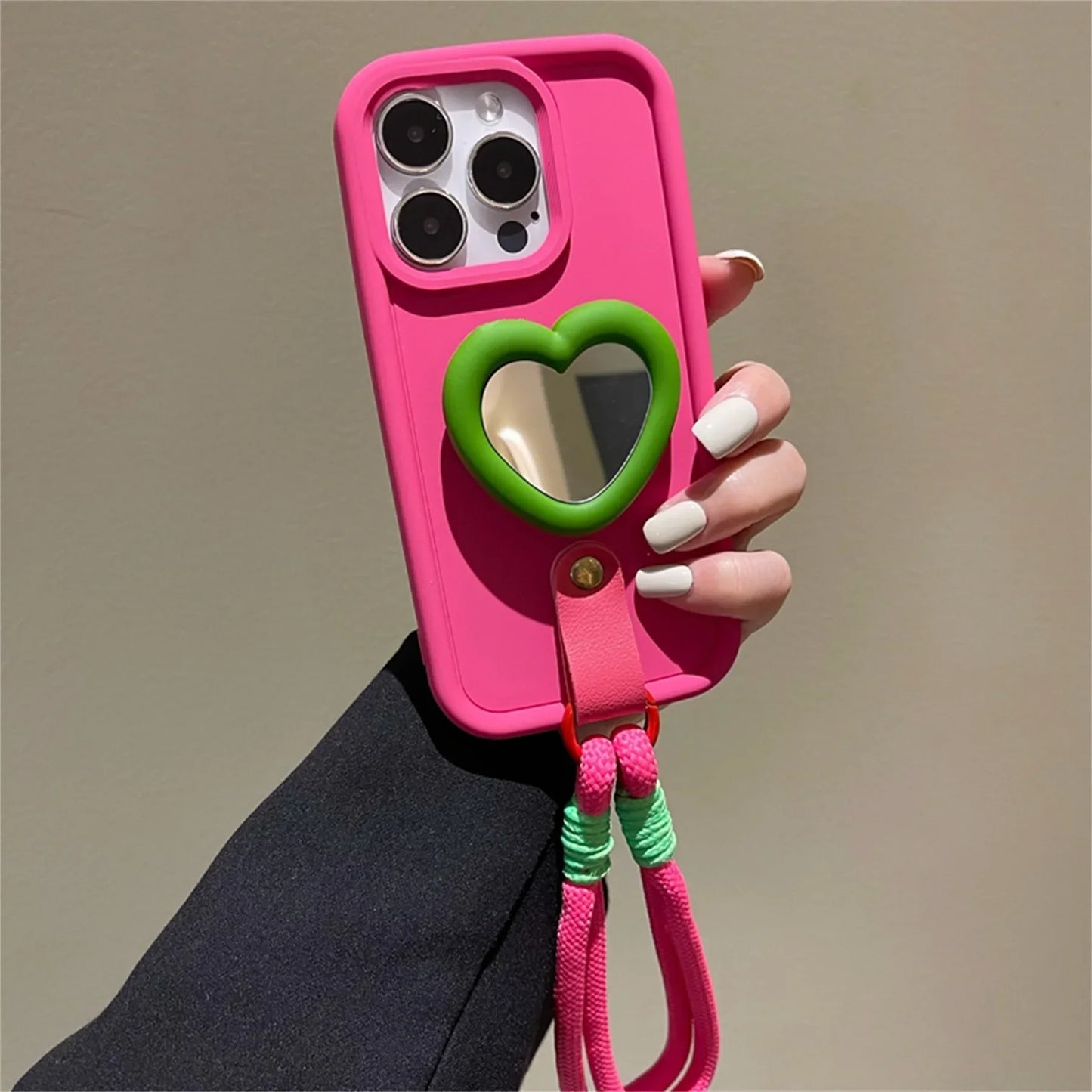 Love Mirror Stand Portable Anti-Lost Hand Strap Simple Phone Case For iPhone