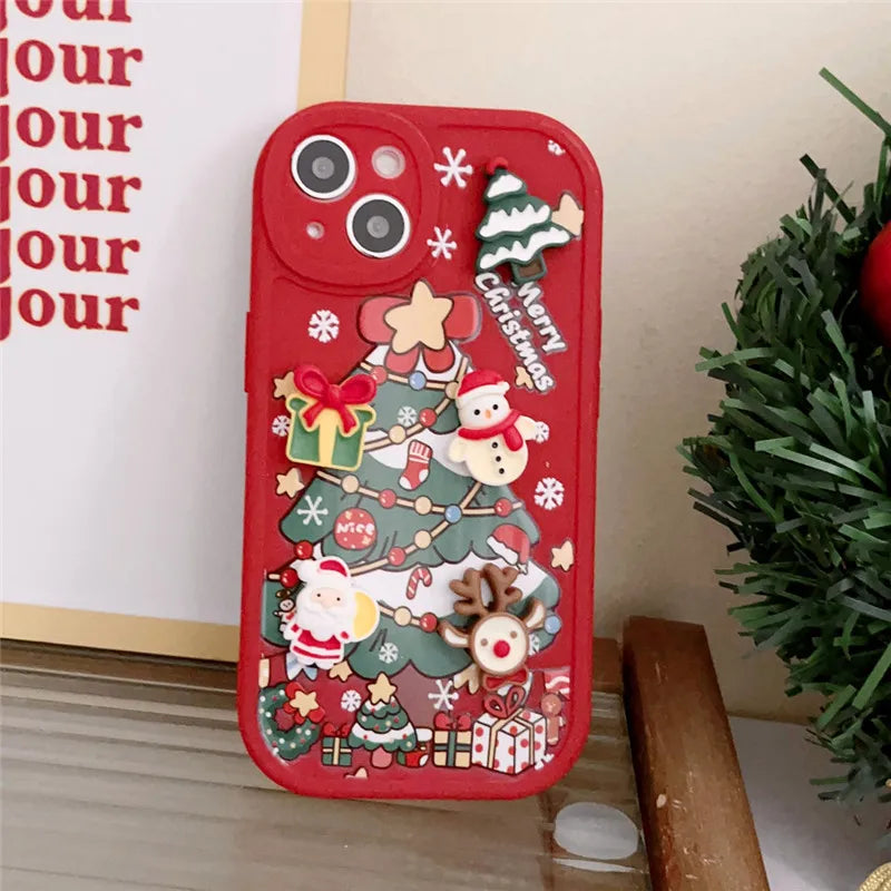 Ottwn 3D Cartoon Elk Santa Claus Tree Christmas Phone Case For iPhone - IDefend