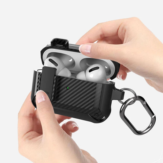 Security Lock Cover For Airpods Pro 2 Case Luxury Carbon Fibre Switch Earphone Case With Keychain For Airpods 4 3 Shockproof Box