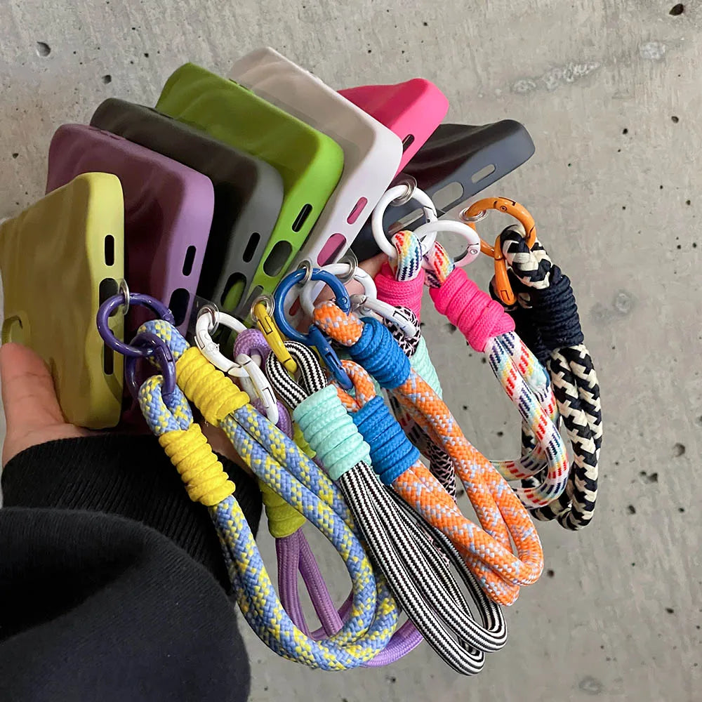 Wrinkle Pleats Colorful Lanyard Case for iPhone 14 13 12 Pro Max 11 Matte Case with Rope Cord Strap Protective Cover Soft Shell