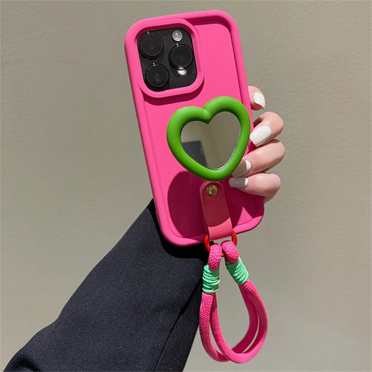 Love Mirror Stand Portable Anti-Lost Hand Strap Simple Phone Case For iPhone - IDefend