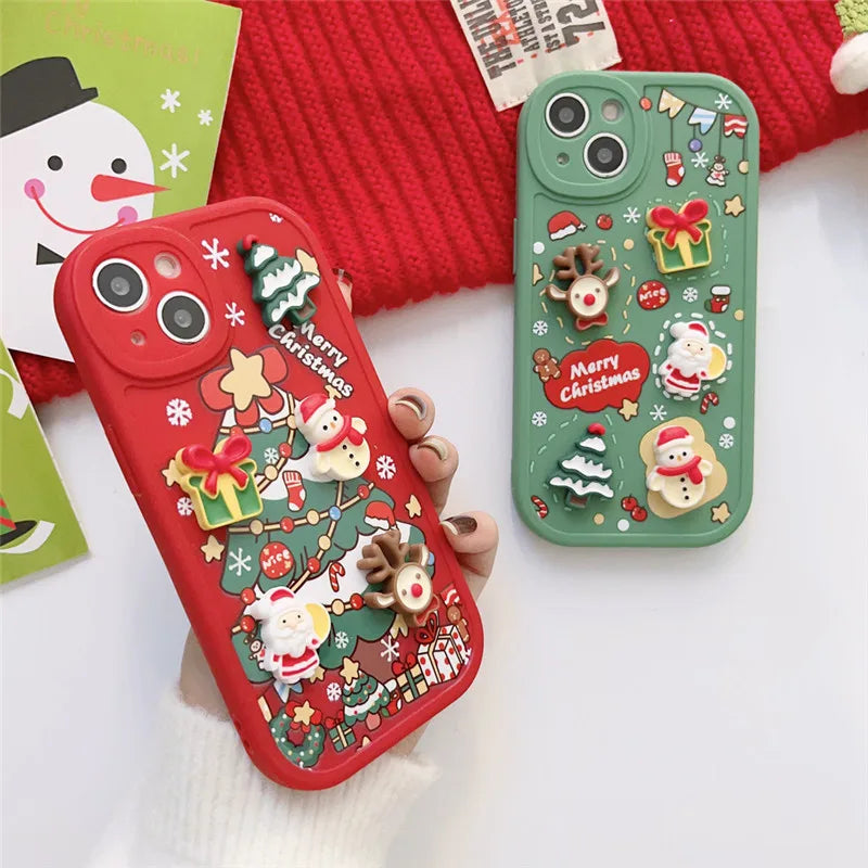 Ottwn 3D Cartoon Elk Santa Claus Tree Christmas Phone Case For iPhone - IDefend