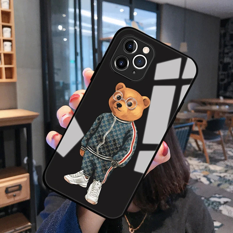 Black Case Cute Bear Fashion Brand Protective Tempered Glass bumper Case - IDefend