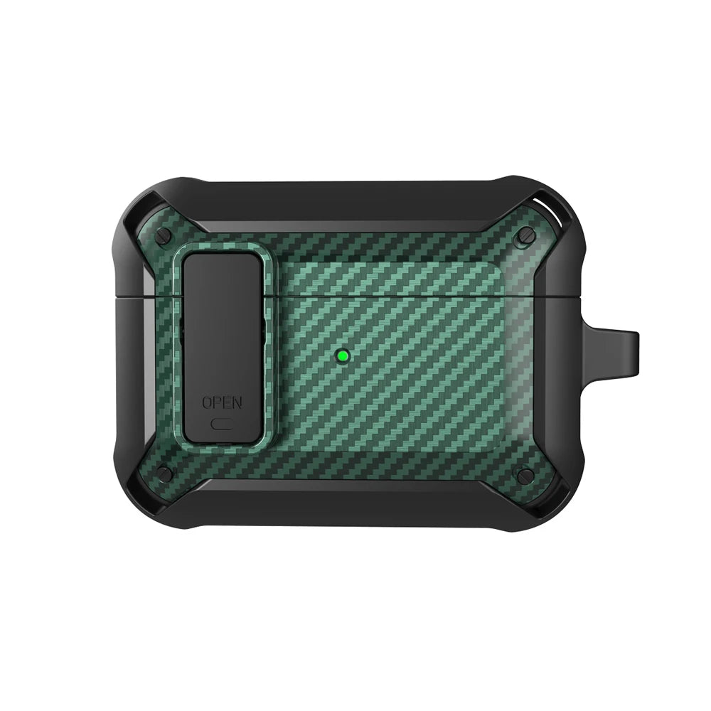 Security Lock Cover For Airpods Pro 2 Case Luxury Carbon Fibre Switch Earphone Case With Keychain For Airpods 4 3 Shockproof Box
