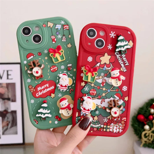 Ottwn 3D Cartoon Elk Santa Claus Tree Christmas Phone Case For iPhone - IDefend