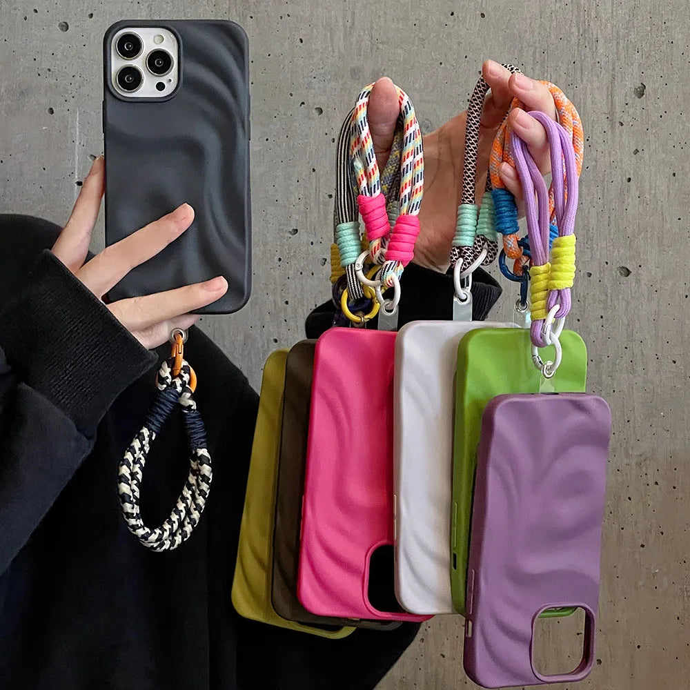 Wrinkle Pleats Colorful Lanyard Case for iPhone 14 13 12 Pro Max 11 Matte Case with Rope Cord Strap Protective Cover Soft Shell