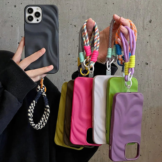 Wrinkle Pleats Colorful Lanyard Case for iPhone 14 13 12 Pro Max 11 Matte Case with Rope Cord Strap Protective Cover Soft Shell