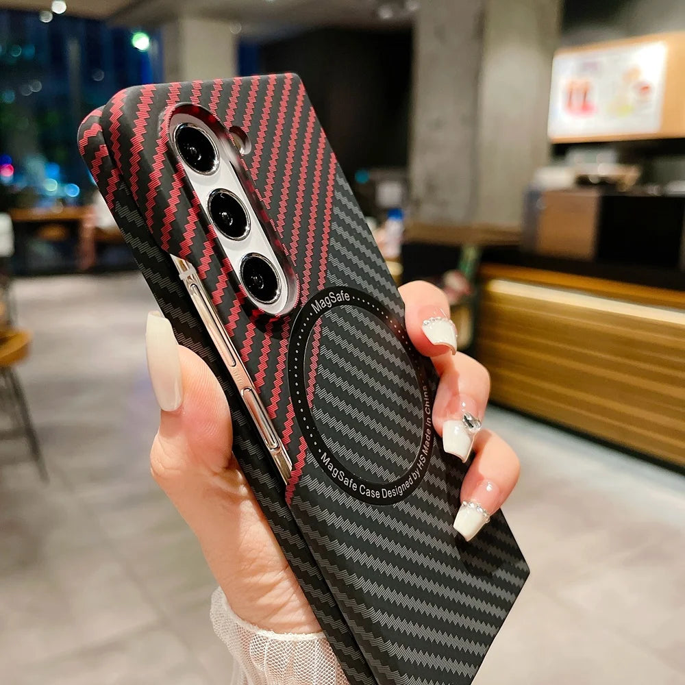 Carbon Fiber Pattern Magsafe Phone Case For Samsung Galaxy Z Fold 5 4 3 Slim Hard PC Cover