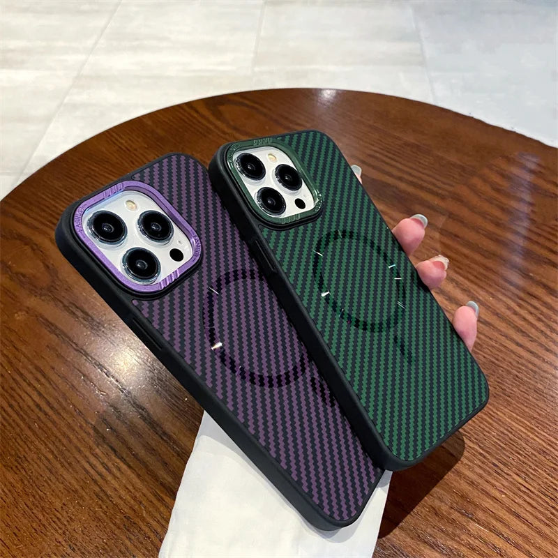 Carbon fiber striped magnetic phone case For iPhone