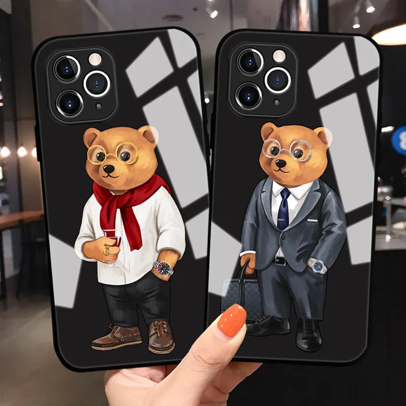 Black Case Cute Bear Fashion Brand Protective Tempered Glass bumper Case - IDefend