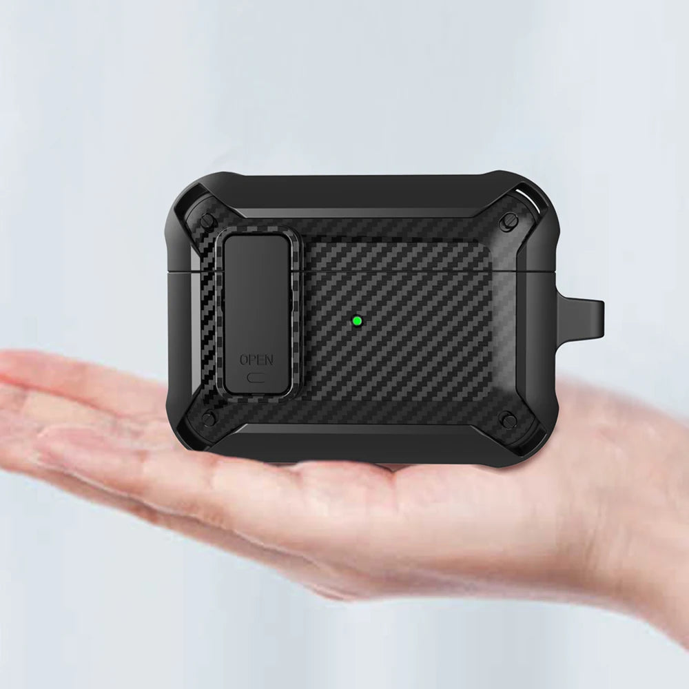 Security Lock Cover For Airpods Pro 2 Case Luxury Carbon Fibre Switch Earphone Case With Keychain For Airpods 4 3 Shockproof Box