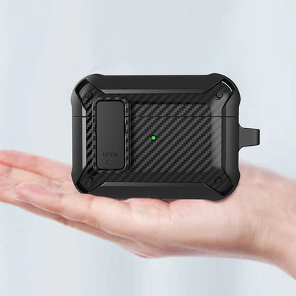 Security Lock Cover For Airpods Pro 2 Case Luxury Carbon Fibre Switch Earphone Case With Keychain For Airpods 4 3 Shockproof Box