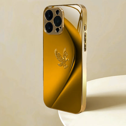 Simple Lines Eagle Pattern Golden Electroplated Mobile Phone Case, Suitable for Iphone 16/16 Pro/16 Plus/16 Pro Max/15/15 Pro/15 Pro Max/14/14 Pro/14 PLUS/14 Pro Max/13/13 Pro/13 Pro Max/13 Mini/12/11, Full Coverage Tempered
