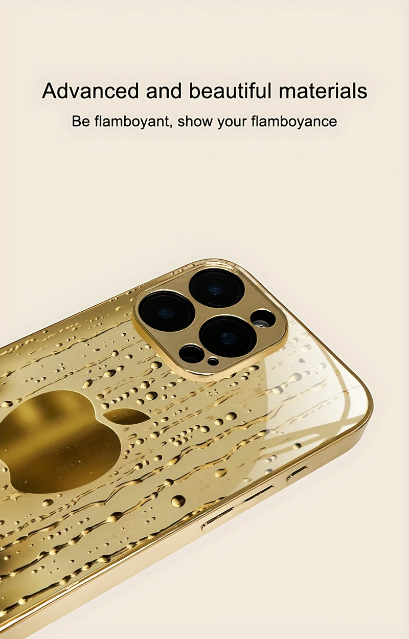 A Golden-Plated Phone Case with an Apple Pattern, Compatible with for iphone 16/16 Pro/16 Plus/16 Pro Max/15/15 Pro/15 Pro Max/14/14 Pro/14 Plus/14 Pro Max/13/13 Pro/13 Pro Max/13 Mini/12/11. It Features a Full-Cover Tempered