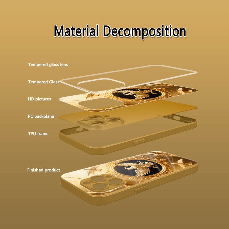 A High-End Glass Phone Case Featuring a Collage of a Golden Eagle And Airplane, Compatible with for iphone 16 Pro Max/16E/15 Pro/14 Plus/13 Pro Max/12/11 Pro. It'S Trendy, Stylish, Visually Appealing, And Offers a Premium