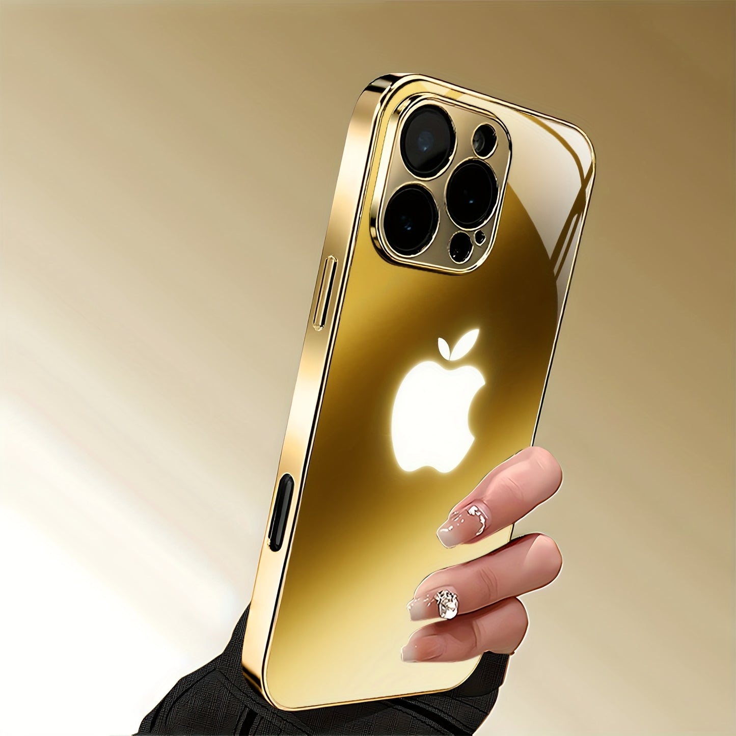Premium Metal Texture Golden-Plated Apple Design Phone Case for iPhone 16/16 Pro/16 Plus/16 Pro Max/15/15 Pro/15 Pro Max/14/14 Pro/14 Plus/14 Pro Max/13/13 Pro/13 Pro Max/13 Mini/12/11, Full Coverage Tempered Glass Protection