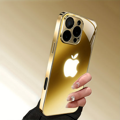 Premium Metal Texture Golden-Plated Apple Design Phone Case for iPhone 16/16 Pro/16 Plus/16 Pro Max/15/15 Pro/15 Pro Max/14/14 Pro/14 Plus/14 Pro Max/13/13 Pro/13 Pro Max/13 Mini/12/11, Full Coverage Tempered Glass Protection