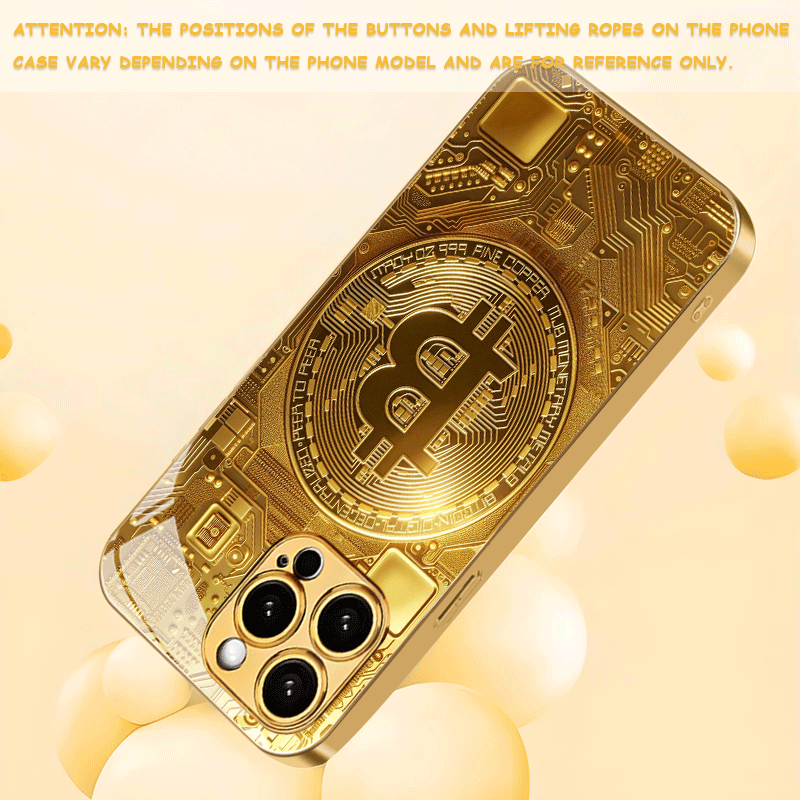 Creative Circuit Gold Bitcoin New Electroplated Gold Tempered Glass Phone Case for iPhone 16,15,14,13,12/iPhone 16,15,14,13,12 Plus/iPhone 16,15,14,13,12 Pro/iPhone 16,15,14,13,12 Pro Max/iPhone 11/11 Pro/11 Pro Max Full Cove