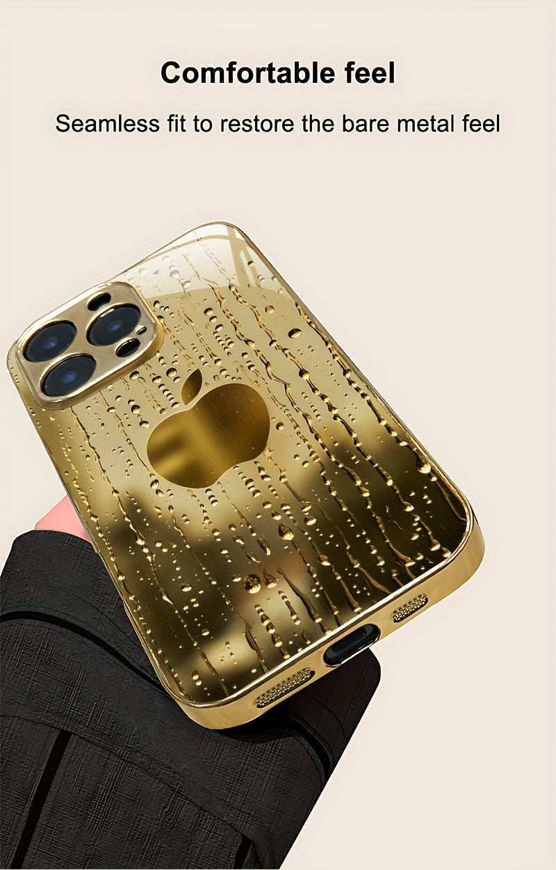 A Golden-Plated Phone Case with an Apple Pattern, Compatible with for iphone 16/16 Pro/16 Plus/16 Pro Max/15/15 Pro/15 Pro Max/14/14 Pro/14 Plus/14 Pro Max/13/13 Pro/13 Pro Max/13 Mini/12/11. It Features a Full-Cover Tempered