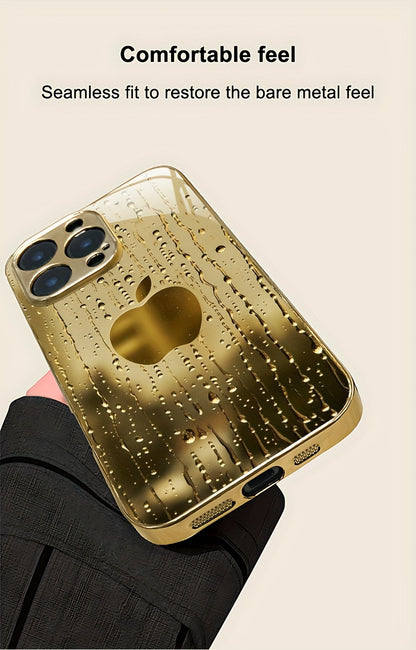 A Golden-Plated Phone Case with an Apple Pattern, Compatible with for iphone 16/16 Pro/16 Plus/16 Pro Max/15/15 Pro/15 Pro Max/14/14 Pro/14 Plus/14 Pro Max/13/13 Pro/13 Pro Max/13 Mini/12/11. It Features a Full-Cover Tempered